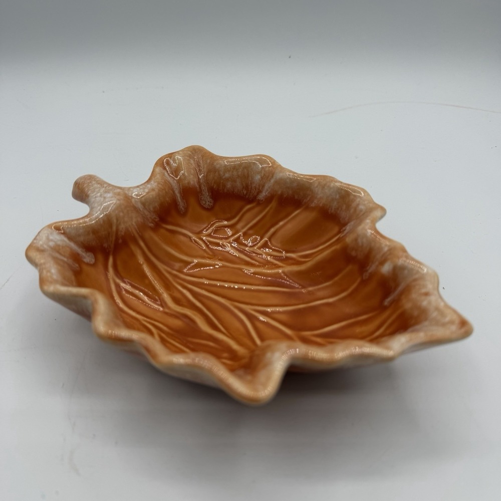Vintage Hull Tangerine Orange‎ Drip Glaze Leaf Nut Dish Bowl Oven Proof USA